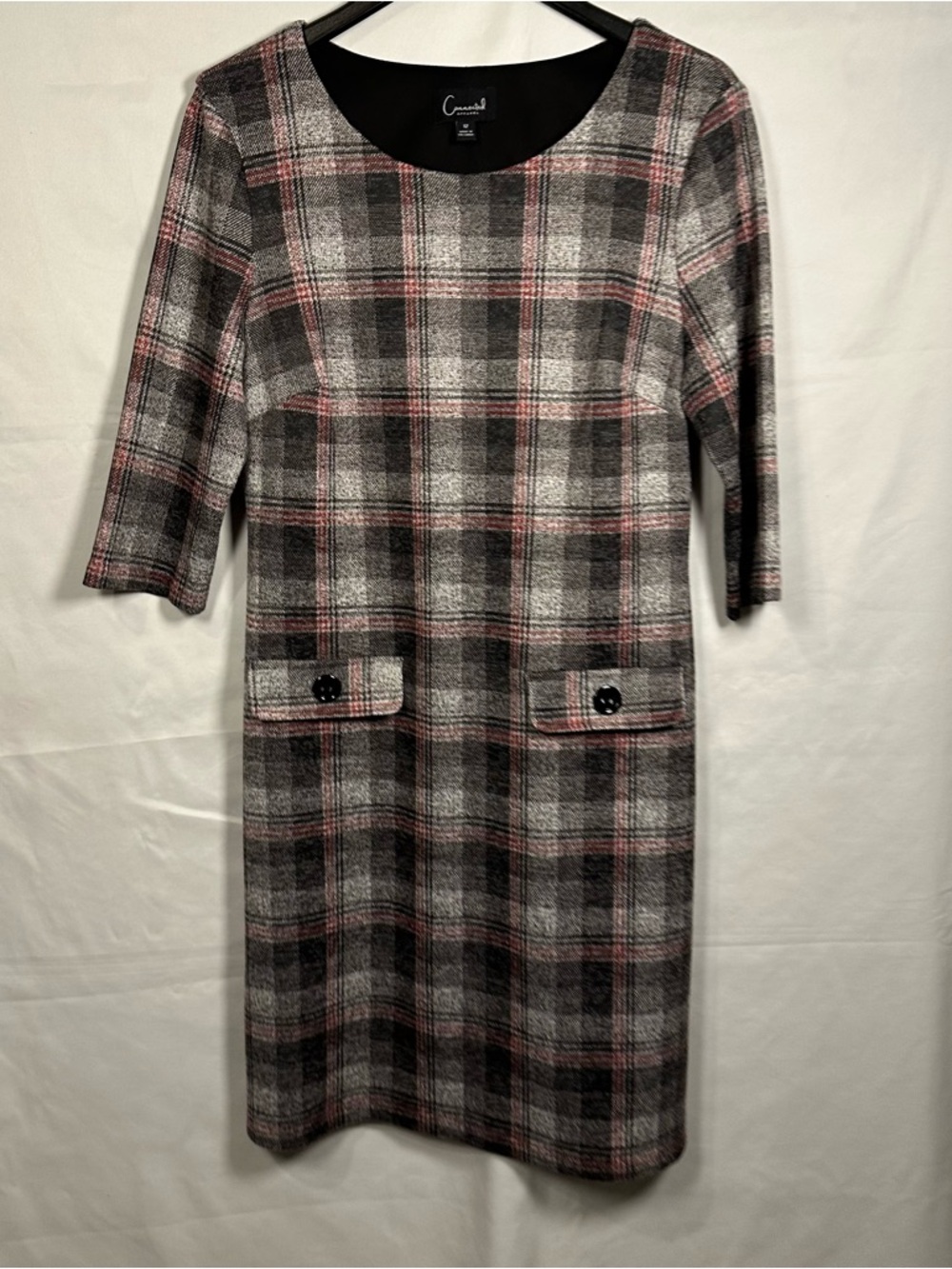 Connected Apparel Gray Plaid Midi Dress with Pink Accents